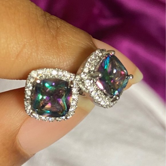 NEW Iridescent Diamond Halo Cushion Stud Earrings - Picture 7 of 7